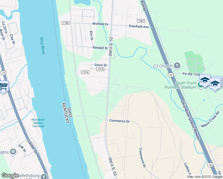 map of restaurants, bars, coffee shops, grocery stores, and more near 2485 County Road 1 in South Point