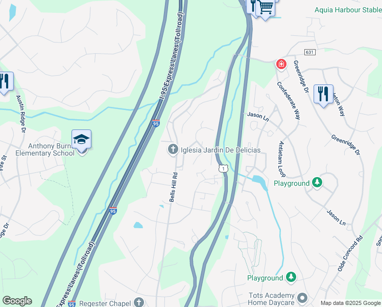 map of restaurants, bars, coffee shops, grocery stores, and more near 203 Stoney Brook Court in Stafford