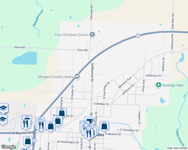 map of restaurants, bars, coffee shops, grocery stores, and more near 612 North Monroe Street in Versailles