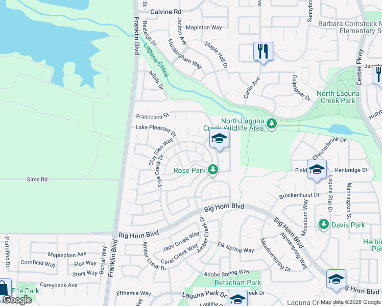 map of restaurants, bars, coffee shops, grocery stores, and more near 5512 Tamarindo Lane in Elk Grove
