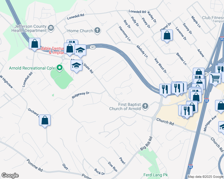 map of restaurants, bars, coffee shops, grocery stores, and more near 309 Woodland Villas in Arnold