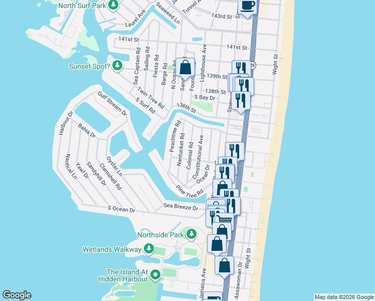 map of restaurants, bars, coffee shops, grocery stores, and more near 13301 Colonial Road in Ocean City