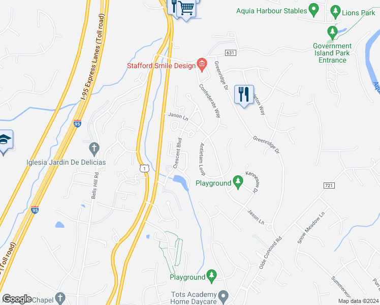 map of restaurants, bars, coffee shops, grocery stores, and more near 314 Gettysburg Court in Stafford