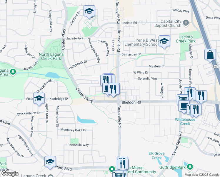 map of restaurants, bars, coffee shops, grocery stores, and more near 8775 Center Parkway in Sacramento