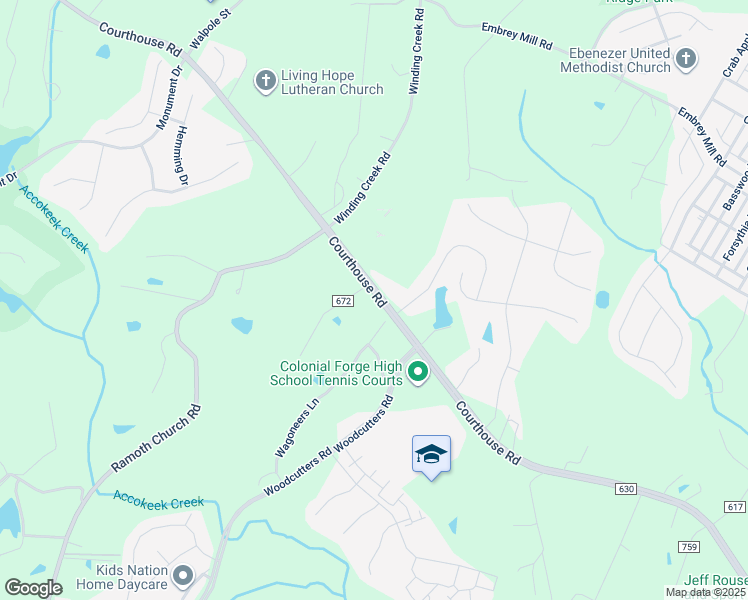 map of restaurants, bars, coffee shops, grocery stores, and more near 466 Courthouse Road in Stafford