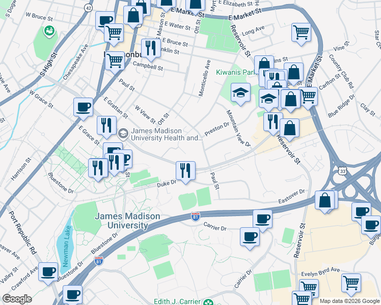 map of restaurants, bars, coffee shops, grocery stores, and more near 580 Myers Avenue in Harrisonburg