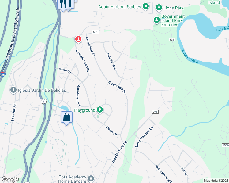 map of restaurants, bars, coffee shops, grocery stores, and more near 34 Greenridge Drive in Stafford