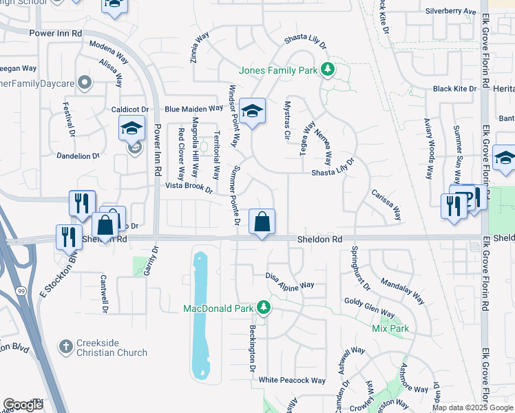 map of restaurants, bars, coffee shops, grocery stores, and more near 8845 Mesa Brook Way in Elk Grove