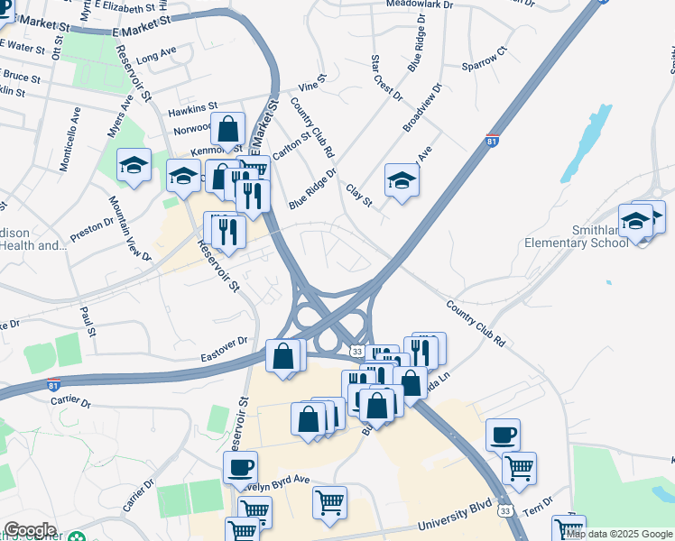 map of restaurants, bars, coffee shops, grocery stores, and more near 1477 Country Club Court in Harrisonburg