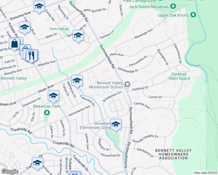 map of restaurants, bars, coffee shops, grocery stores, and more near 4756 Shade Tree Lane in Santa Rosa