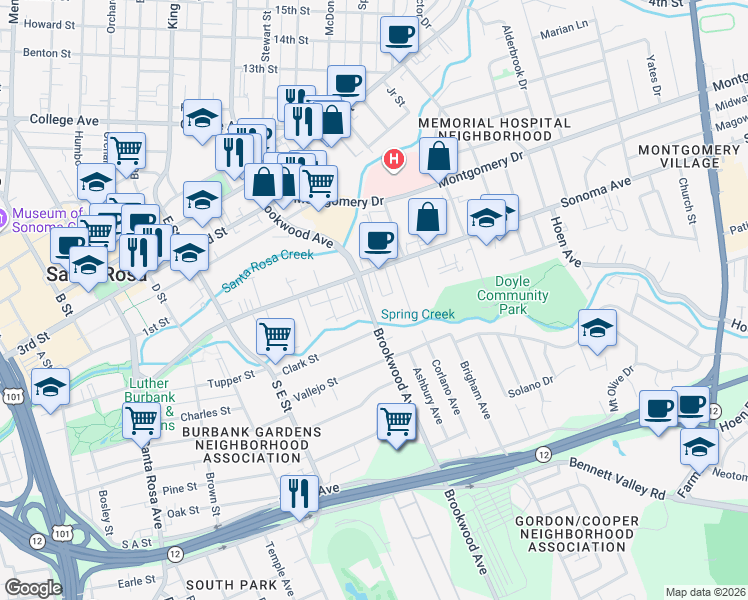 map of restaurants, bars, coffee shops, grocery stores, and more near 200 Brookwood Avenue in Santa Rosa