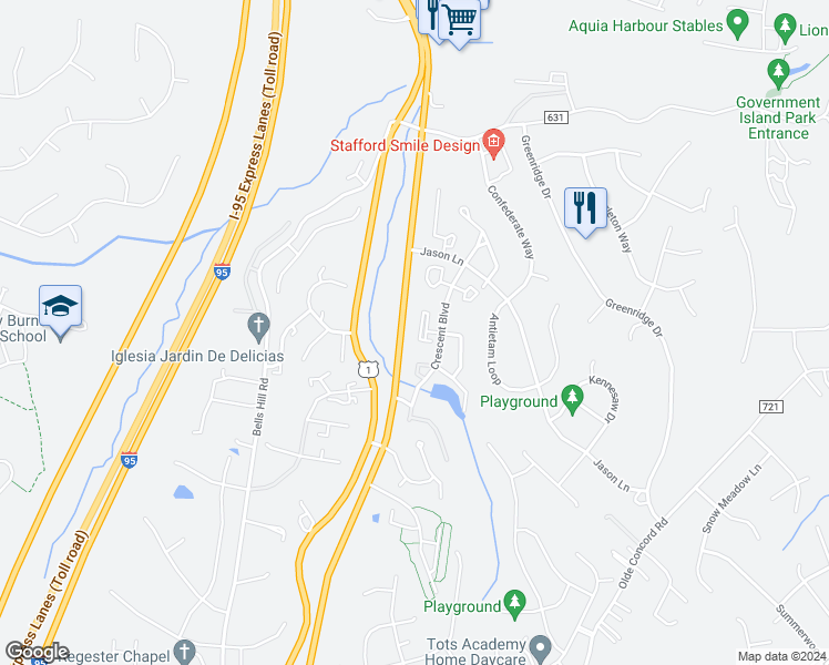 map of restaurants, bars, coffee shops, grocery stores, and more near 400 Pilot Knob Loop in Stafford