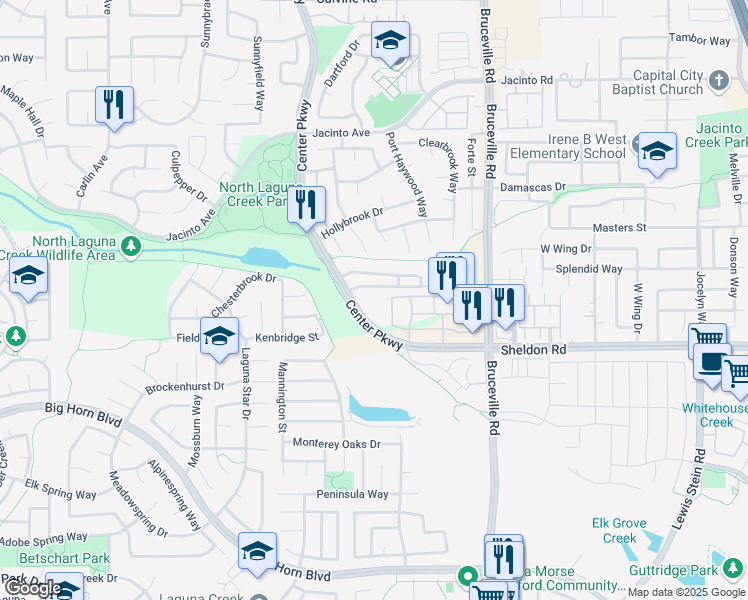 map of restaurants, bars, coffee shops, grocery stores, and more near 8735 Center Parkway in Sacramento