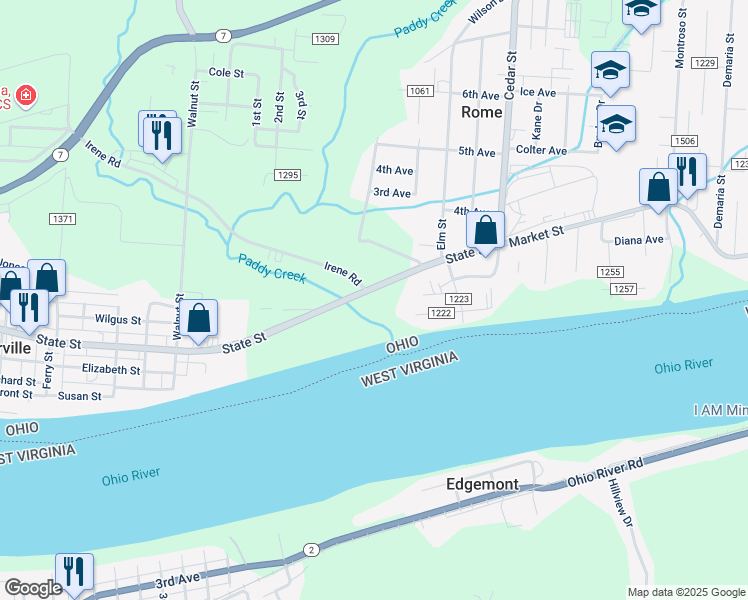 map of restaurants, bars, coffee shops, grocery stores, and more near 7328 County Road 107 in Proctorville