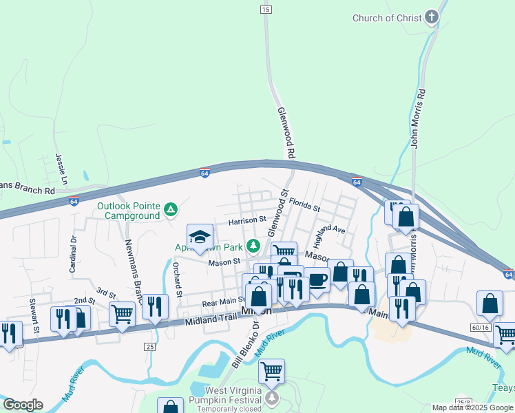 map of restaurants, bars, coffee shops, grocery stores, and more near 932 Harrison Street in Milton