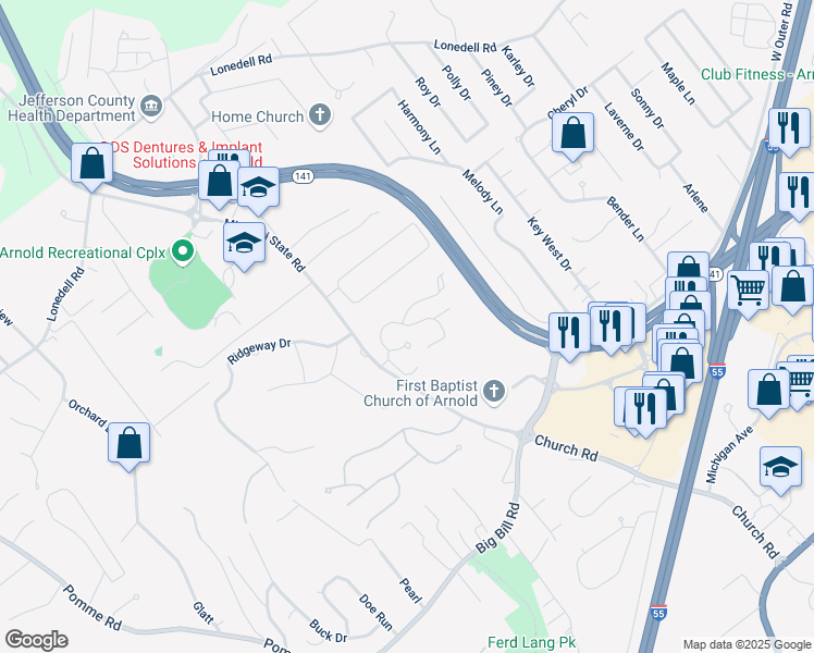 map of restaurants, bars, coffee shops, grocery stores, and more near 555 Woodland Villas in Arnold