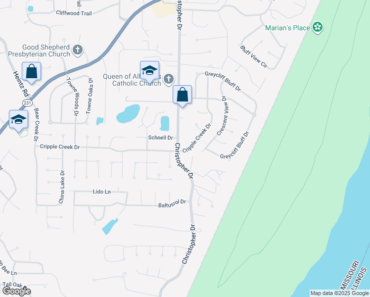 map of restaurants, bars, coffee shops, grocery stores, and more near 2477 Cripple Creek Drive in St. Louis
