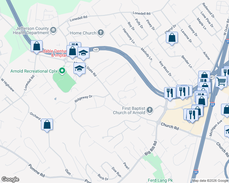 map of restaurants, bars, coffee shops, grocery stores, and more near 309 Woodland Villas in Arnold