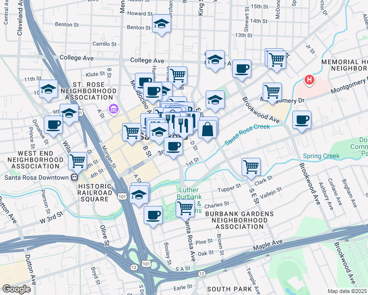 map of restaurants, bars, coffee shops, grocery stores, and more near in Santa Rosa