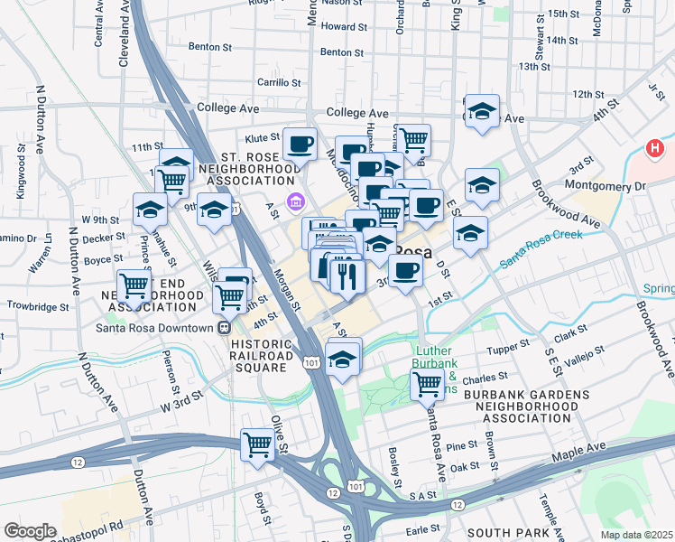 map of restaurants, bars, coffee shops, grocery stores, and more near 1011 Santa Rosa Plaza in Santa Rosa