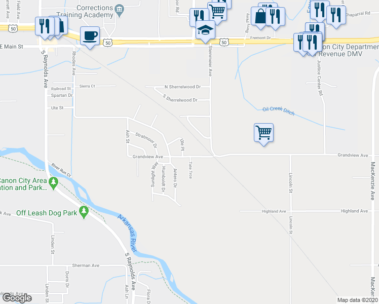 map of restaurants, bars, coffee shops, grocery stores, and more near 3057 Grandview Avenue in Cañon City