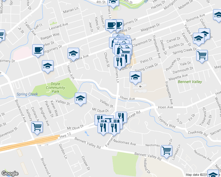 map of restaurants, bars, coffee shops, grocery stores, and more near 2255 Hoen Avenue in Santa Rosa