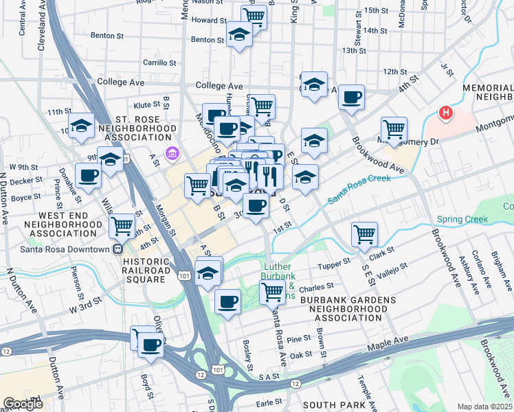 map of restaurants, bars, coffee shops, grocery stores, and more near 521 2nd Street in Santa Rosa