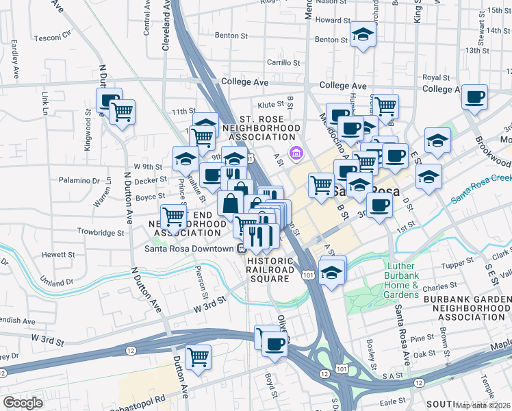 map of restaurants, bars, coffee shops, grocery stores, and more near 123 6th Street in Santa Rosa