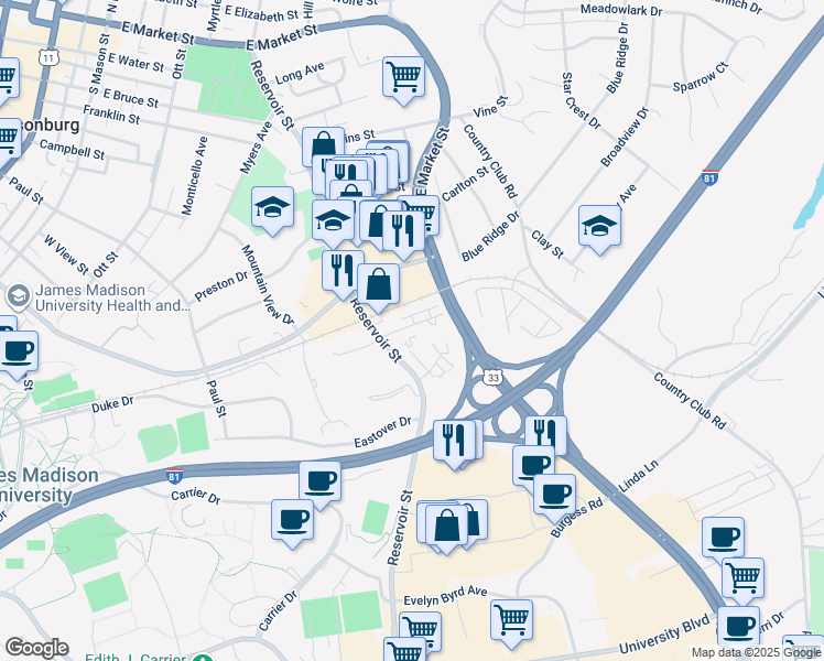 map of restaurants, bars, coffee shops, grocery stores, and more near 1224 Reservoir Street in Harrisonburg