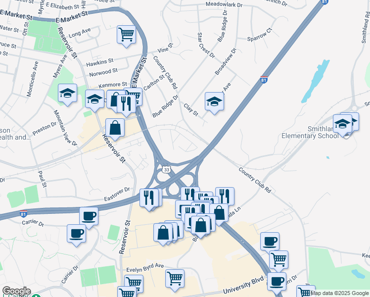map of restaurants, bars, coffee shops, grocery stores, and more near 1464 Country Club Court in Harrisonburg