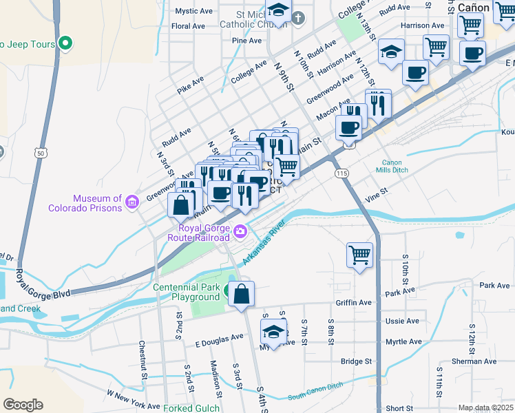 map of restaurants, bars, coffee shops, grocery stores, and more near 420 Royal Gorge Boulevard in Cañon City