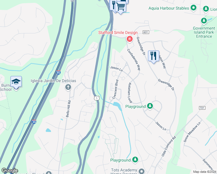 map of restaurants, bars, coffee shops, grocery stores, and more near 314 Pilot Knob Loop in Stafford