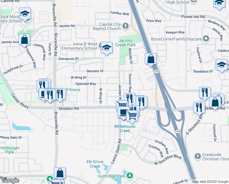 map of restaurants, bars, coffee shops, grocery stores, and more near 7722 Praline Way in Elk Grove