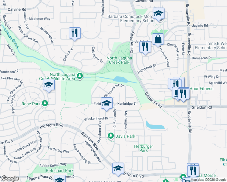 map of restaurants, bars, coffee shops, grocery stores, and more near 6530 Chesterbrook Drive in Elk Grove
