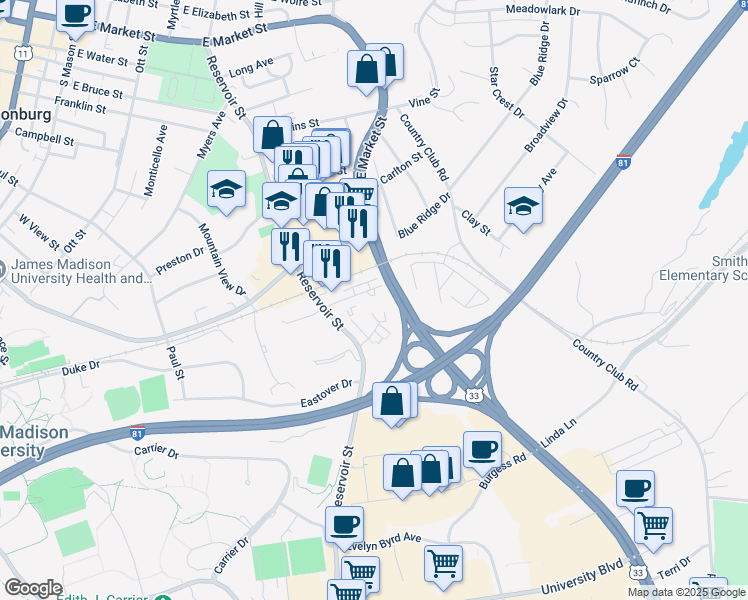 map of restaurants, bars, coffee shops, grocery stores, and more near 92 Dutch Mill Court in Harrisonburg