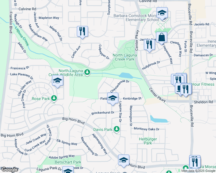 map of restaurants, bars, coffee shops, grocery stores, and more near 8712 Laguna Star Drive in Elk Grove
