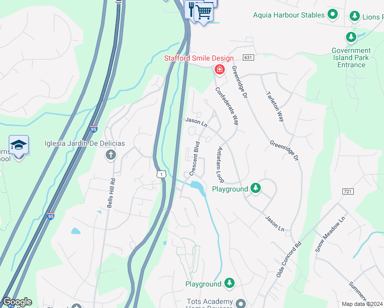 map of restaurants, bars, coffee shops, grocery stores, and more near 102 Pilot Knob Loop in Stafford