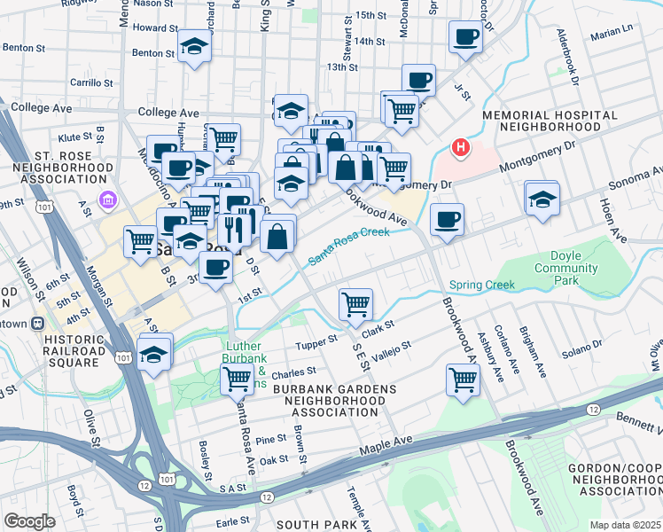 map of restaurants, bars, coffee shops, grocery stores, and more near 864 2nd Street in Santa Rosa