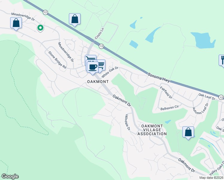 map of restaurants, bars, coffee shops, grocery stores, and more near 6641 Oakmont Drive in Santa Rosa