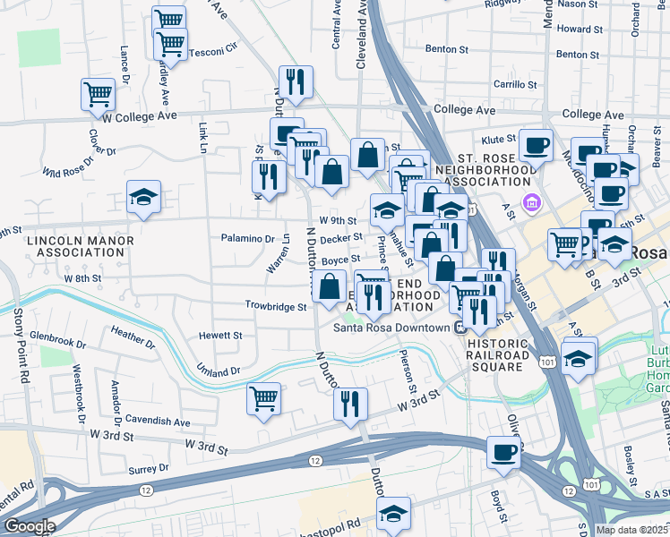 map of restaurants, bars, coffee shops, grocery stores, and more near 342 Decker Street in Santa Rosa