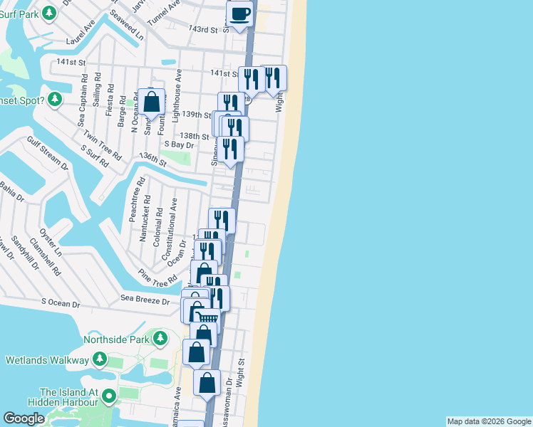 map of restaurants, bars, coffee shops, grocery stores, and more near 13500 Wight Street in Ocean City