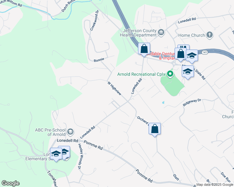 map of restaurants, bars, coffee shops, grocery stores, and more near 1646 West Highview in Arnold