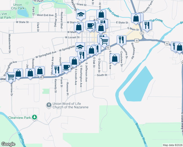 map of restaurants, bars, coffee shops, grocery stores, and more near 516 South Oak Street in Union