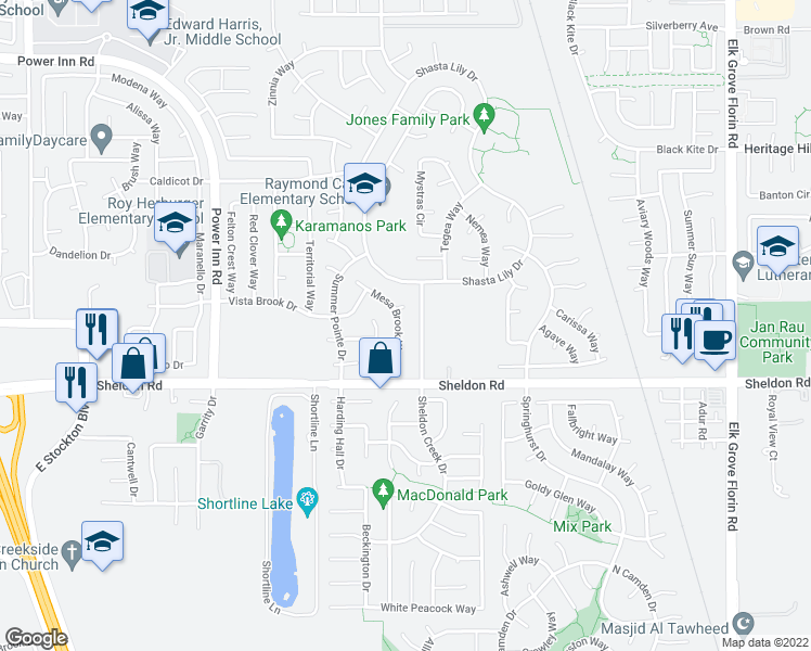 map of restaurants, bars, coffee shops, grocery stores, and more near 8743 Mesa Brook Way in Elk Grove