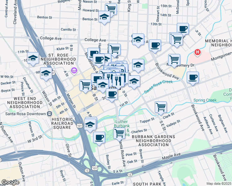 map of restaurants, bars, coffee shops, grocery stores, and more near 637 3rd Street in Santa Rosa