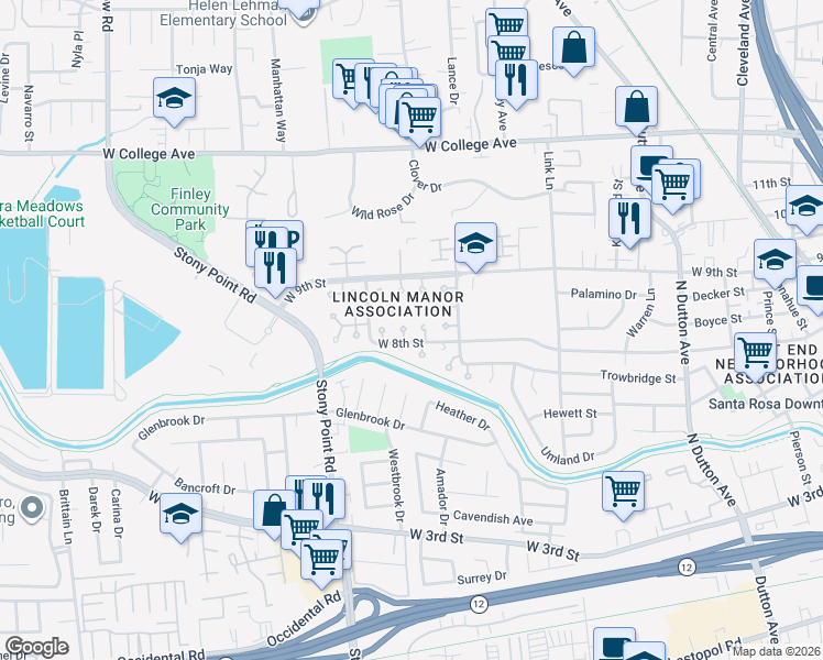 map of restaurants, bars, coffee shops, grocery stores, and more near 935 West 8th Street in Santa Rosa