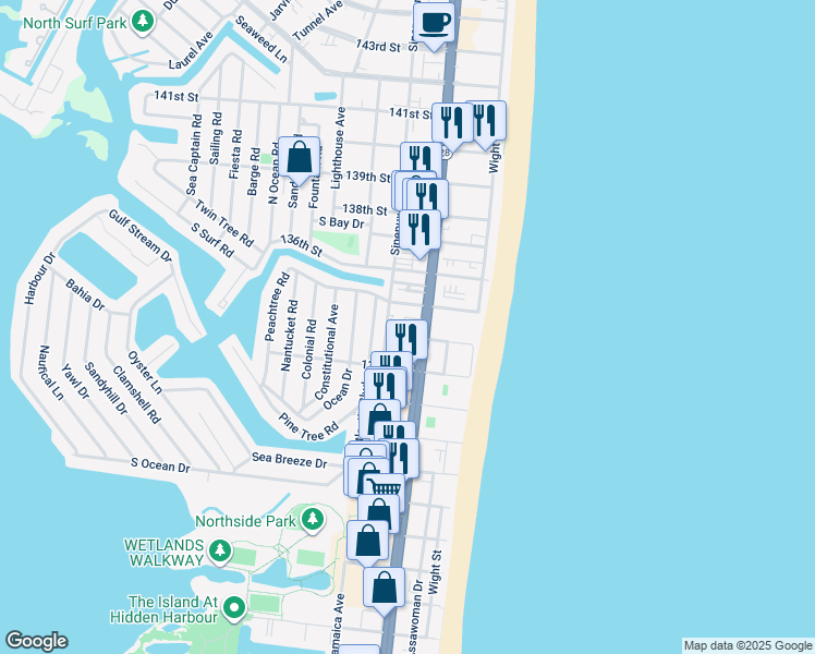 map of restaurants, bars, coffee shops, grocery stores, and more near 107 Denny Lane in Ocean City