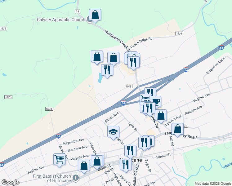 map of restaurants, bars, coffee shops, grocery stores, and more near Park Road in Hurricane