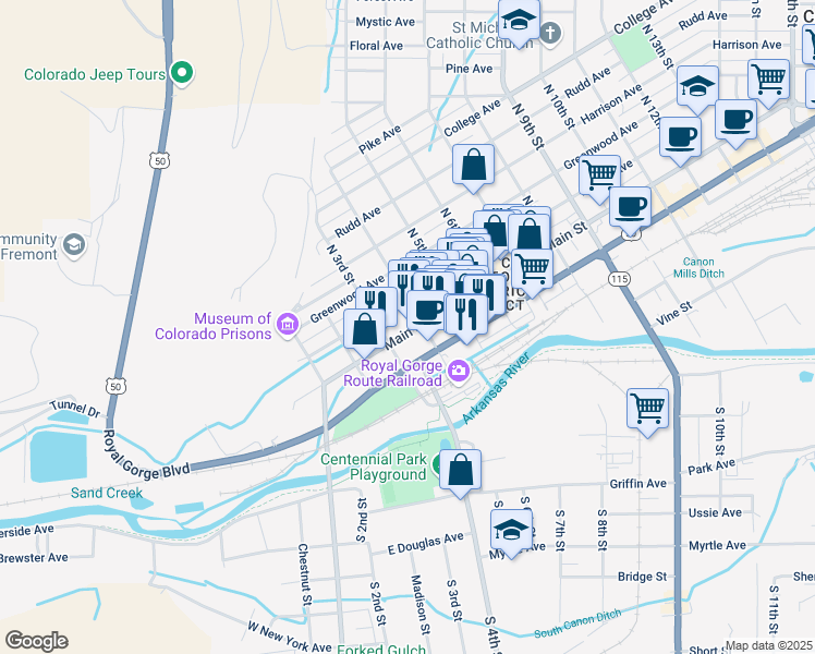 map of restaurants, bars, coffee shops, grocery stores, and more near 323 Main Street in Cañon City
