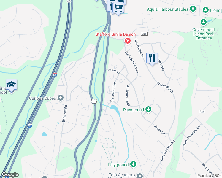 map of restaurants, bars, coffee shops, grocery stores, and more near 104 Pilot Knob Loop in Stafford